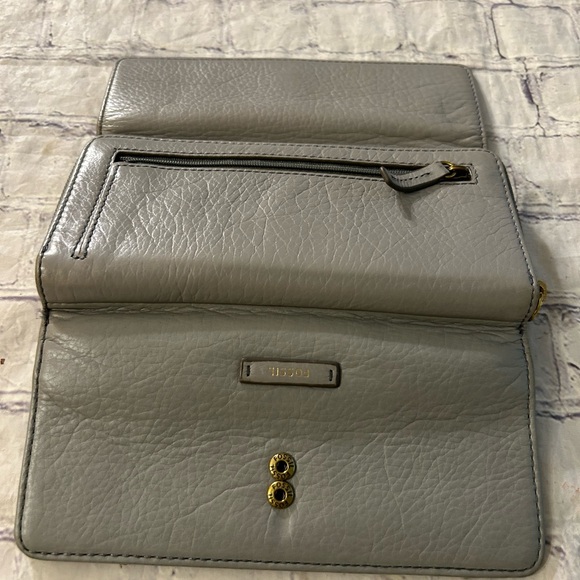 FOSSIL GREY COWHIDE PEBBLE GRAIN WALLET MANY CARD SLOTS ZIP BACK SNAP FRONT - Picture 4 of 9